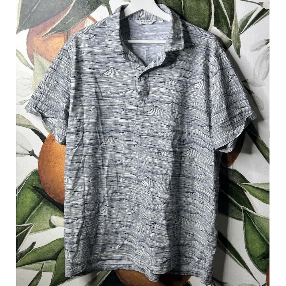 Tori Richard Polo Shirt Mens Large Tradewind Technology S/S Blue White Geometric